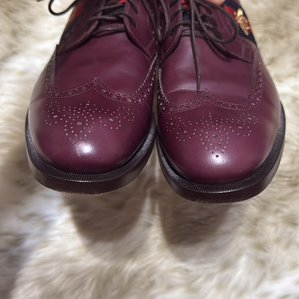 GUCCI Calfskin Web Bee Embroidered Mens Slip-On Brogue Wingtip Derby Shoes - Picture 3 of 12